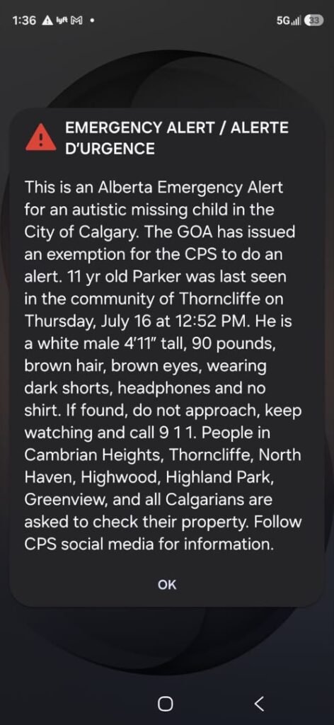 Alberta Emergency Alert Issued for Missing 11-Year-Old in Calgary